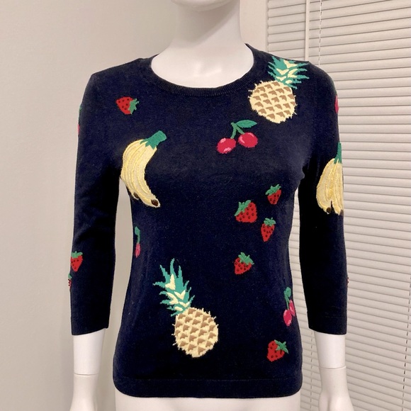 Talbots Sweaters - Talbots Sweater Fruit Print Embellished 3/4 Sleeves Navy Cotton Blend Size- XS